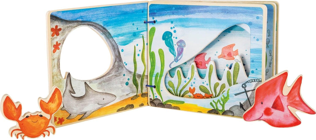 small foot Bilderbuch Unterwasserwelt, interaktives Buch aus Holz für Kinder, mit Krabbe und Fisch,