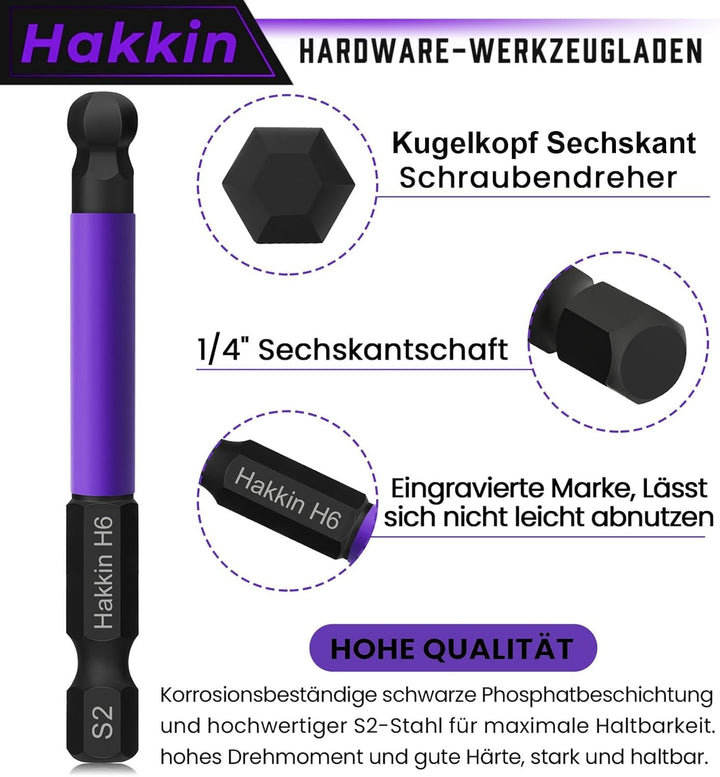 Hakkin Sechskant Bit Set Lang12 Stück 65 mm Kugelkopf Schraubendreher Bit 1/4" S2 Bitsatz für Akkusc