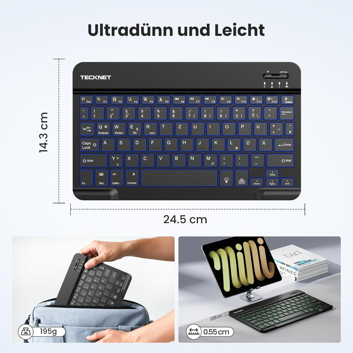 TECKNET Deutsche Bluetooth Tastatur für Tablet/iPad Mini/Pro/Air/10.2/10.9/iPhone/Android/Windows, i