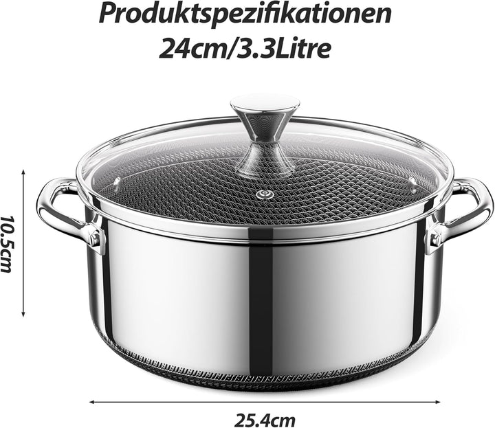 Kochtopf mit Deckel Hybrid 24cm/3.3L, Suppentopf Induktion Antihaft, Kühl bleibender Griff, Spülmasc