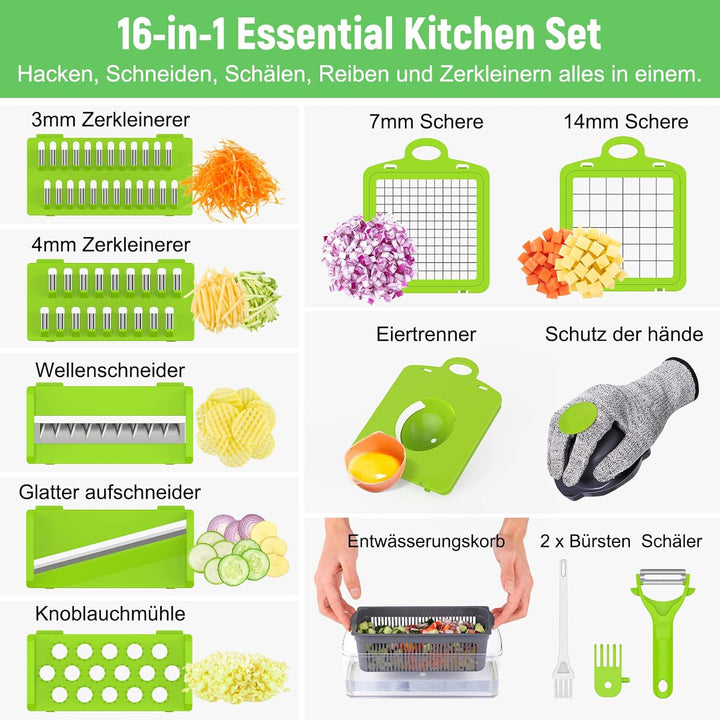 16 In 1 Gemüseschneider,Multifunktion Gemüse Schneider,Vegetable Chopper,Würfelschneider mit 7 Austa