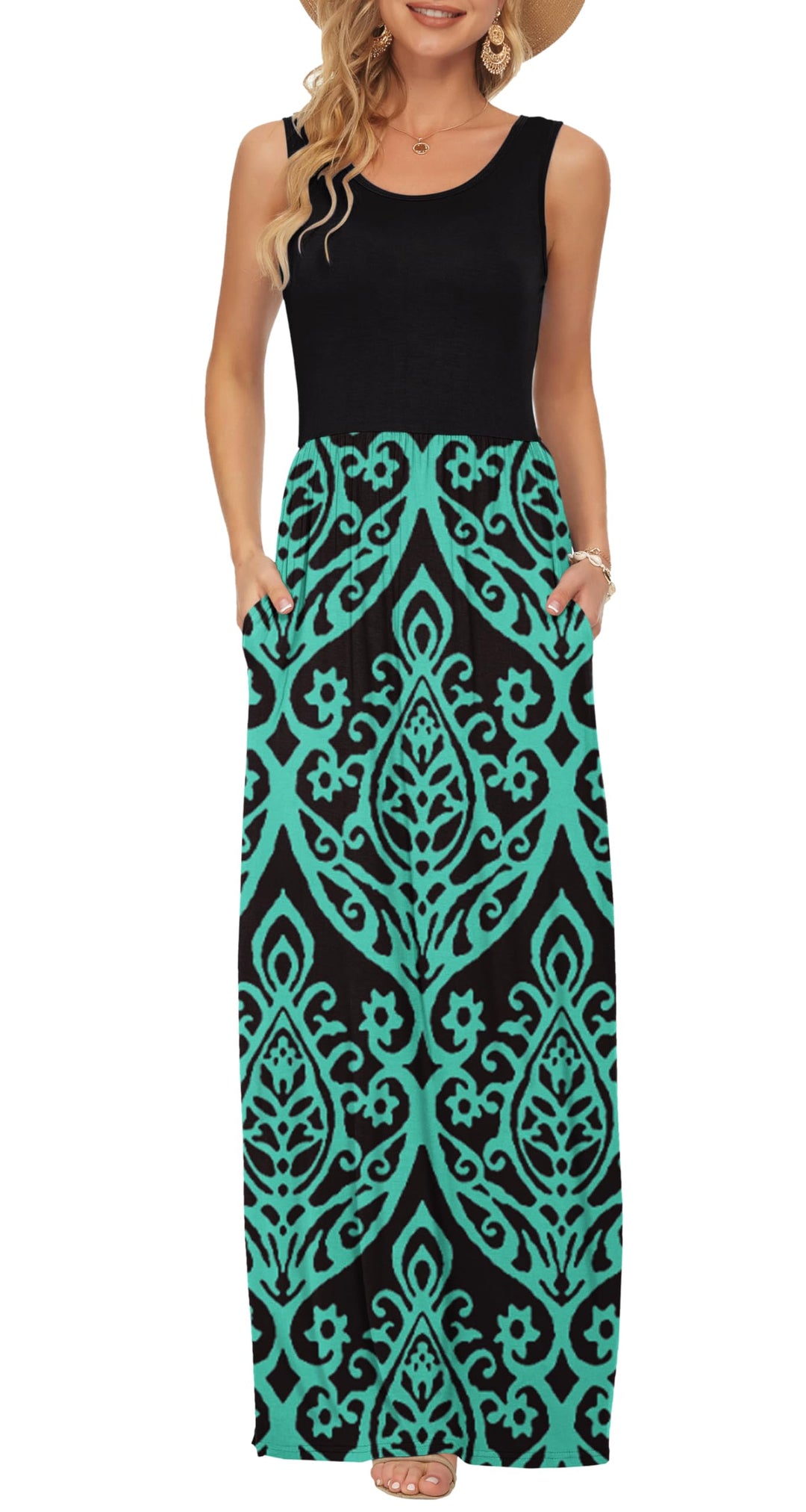 AUSELILY Damen Sommer Maxikleid | Ärmelloses,Taschen,Lockeres,Lässiges,Langes,Atmungsaktives Materia
