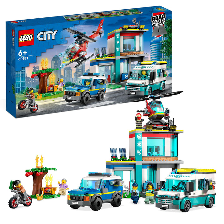 LEGO 60371 City Hauptquartier der Rettungsfahrzeuge mit Feuerwehr-Hubschrauber, Krankenwagen, Motorr