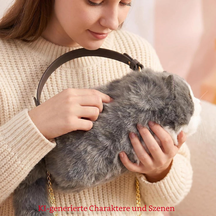 HUIJUFU Realistische Puffy-Plüsch-Katzentasche in Form einer Umhängetasche für Frauen (blau weiss) B