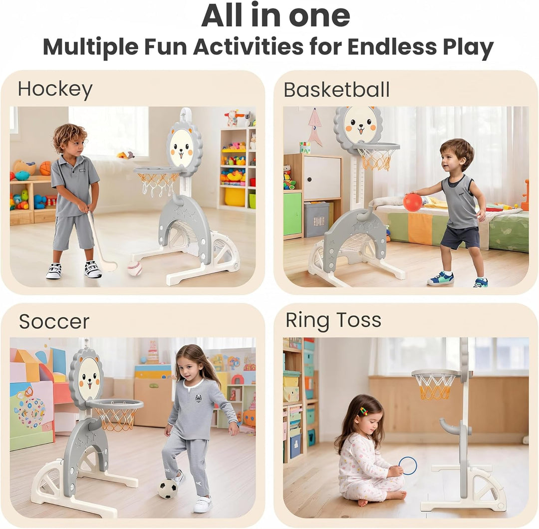 3-in-1 Kinder Basketballkorb Set, Höhenverstellbarer Basketballständer mit Fussballtor und Ringwurf,