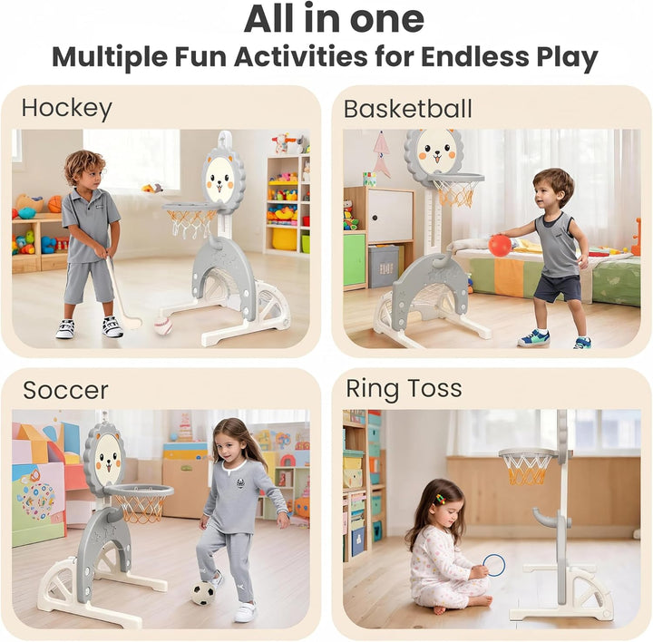 3-in-1 Kinder Basketballkorb Set, Höhenverstellbarer Basketballständer mit Fussballtor und Ringwurf,