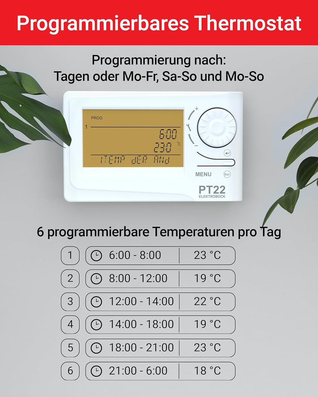 Elektrobock Digitaler Raumthermostat, PT22, 15,5x11x4 cm