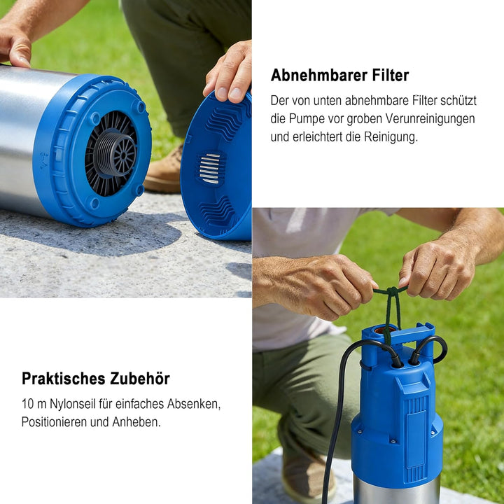 FOTING Tauch-Druckpumpe 4 inox, 1100W Tauchdruckpumpe mit 6800 l/h Fördermenge, Förderhöhe max. 47 m