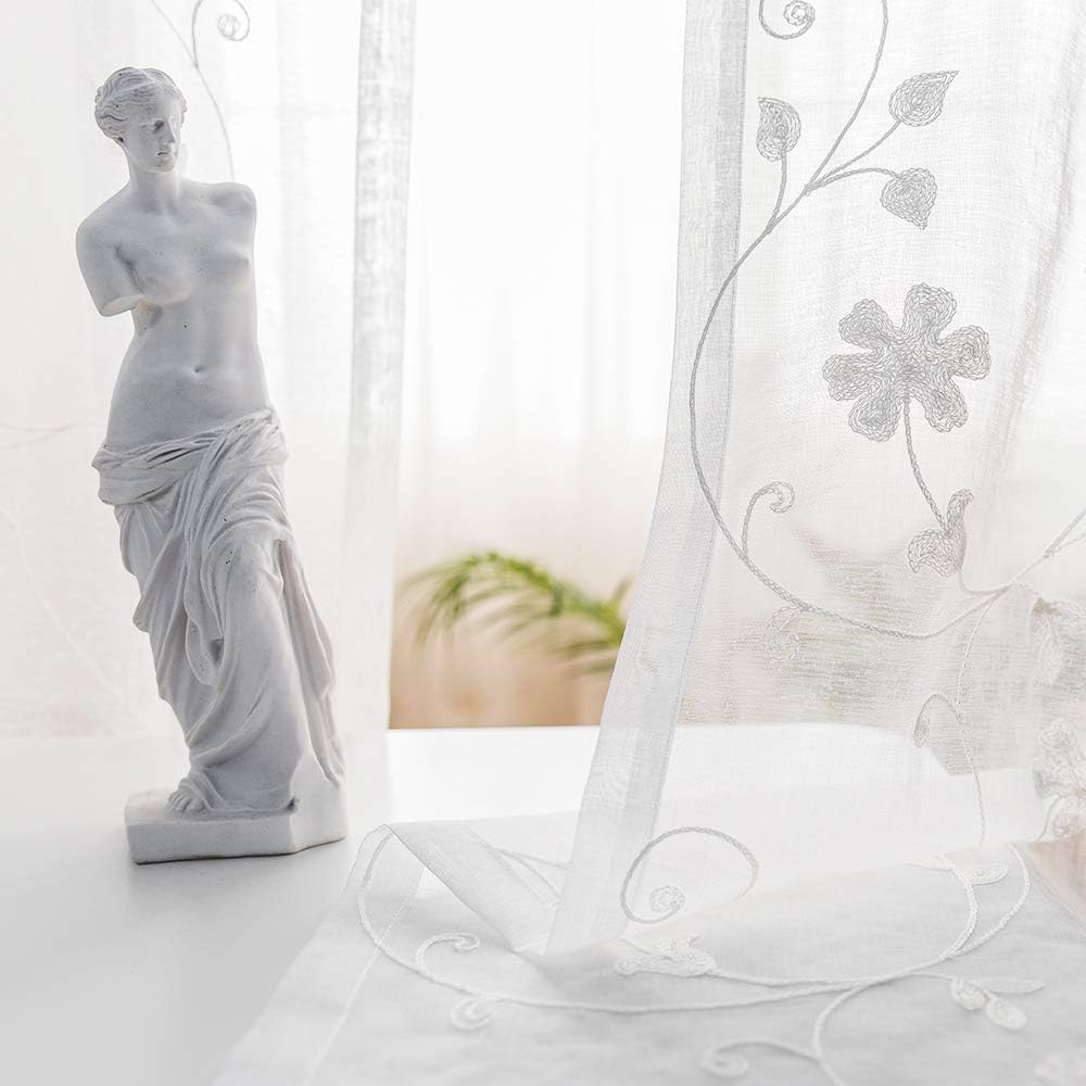 Transparente Vorhänge Mit Blumenstickerei, 114 cm Länge, Stangentasche, Voile für Wohnzimmer, Schlaf
