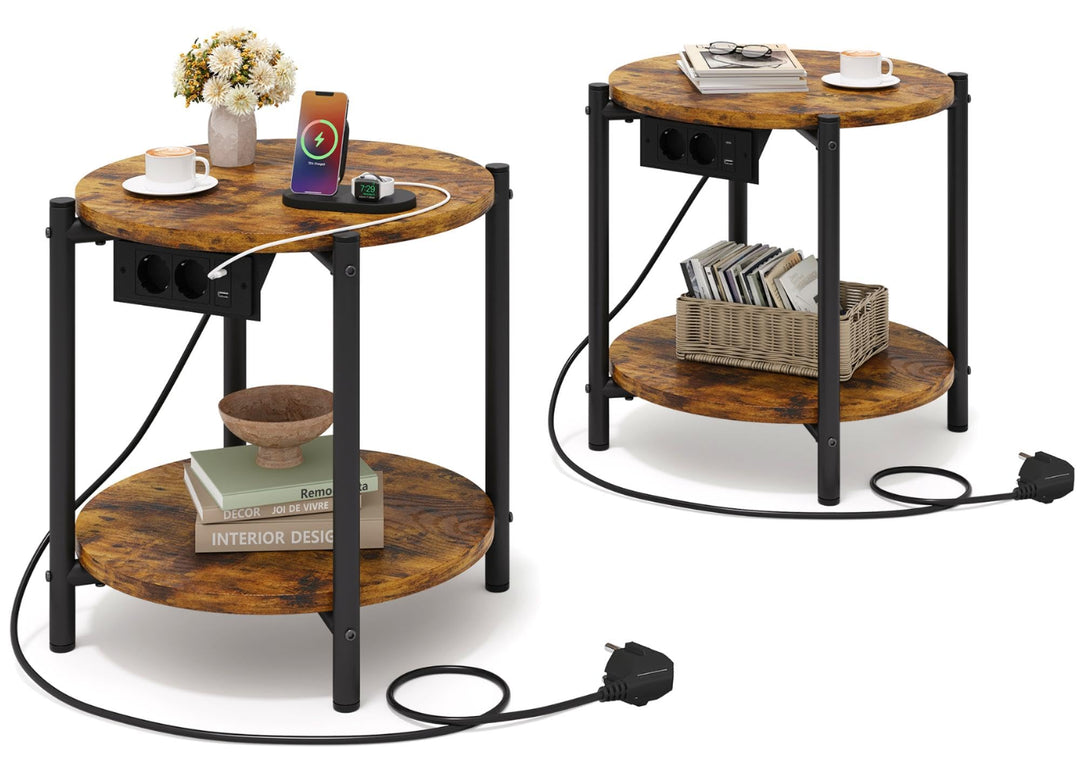 IRONCK Beistelltisch rund, Couchtisch mit Steckdose, Kleiner Tisch Holz, Wohnzimmertisch 2 Ablagen,S