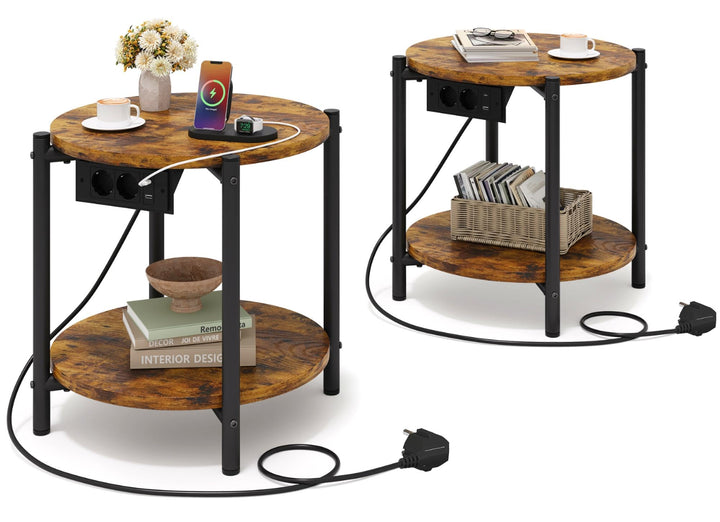 IRONCK Beistelltisch rund, Couchtisch mit Steckdose, Kleiner Tisch Holz, Wohnzimmertisch 2 Ablagen,S