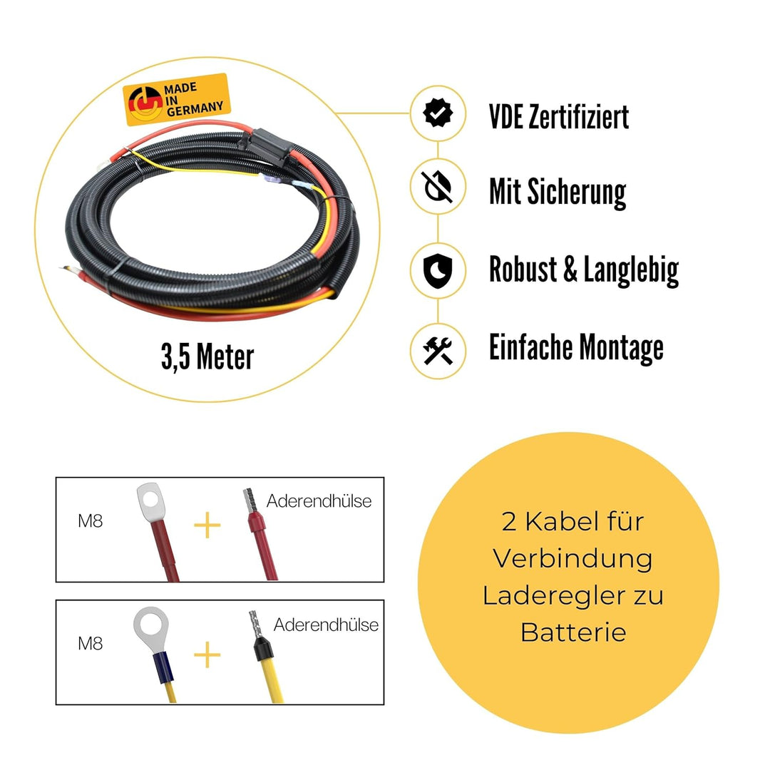 3,5m Anschlusskabel für Laderegler | bis 50A Stromstärke | Verbindung Laderegler zu Batterie l M8 Ba