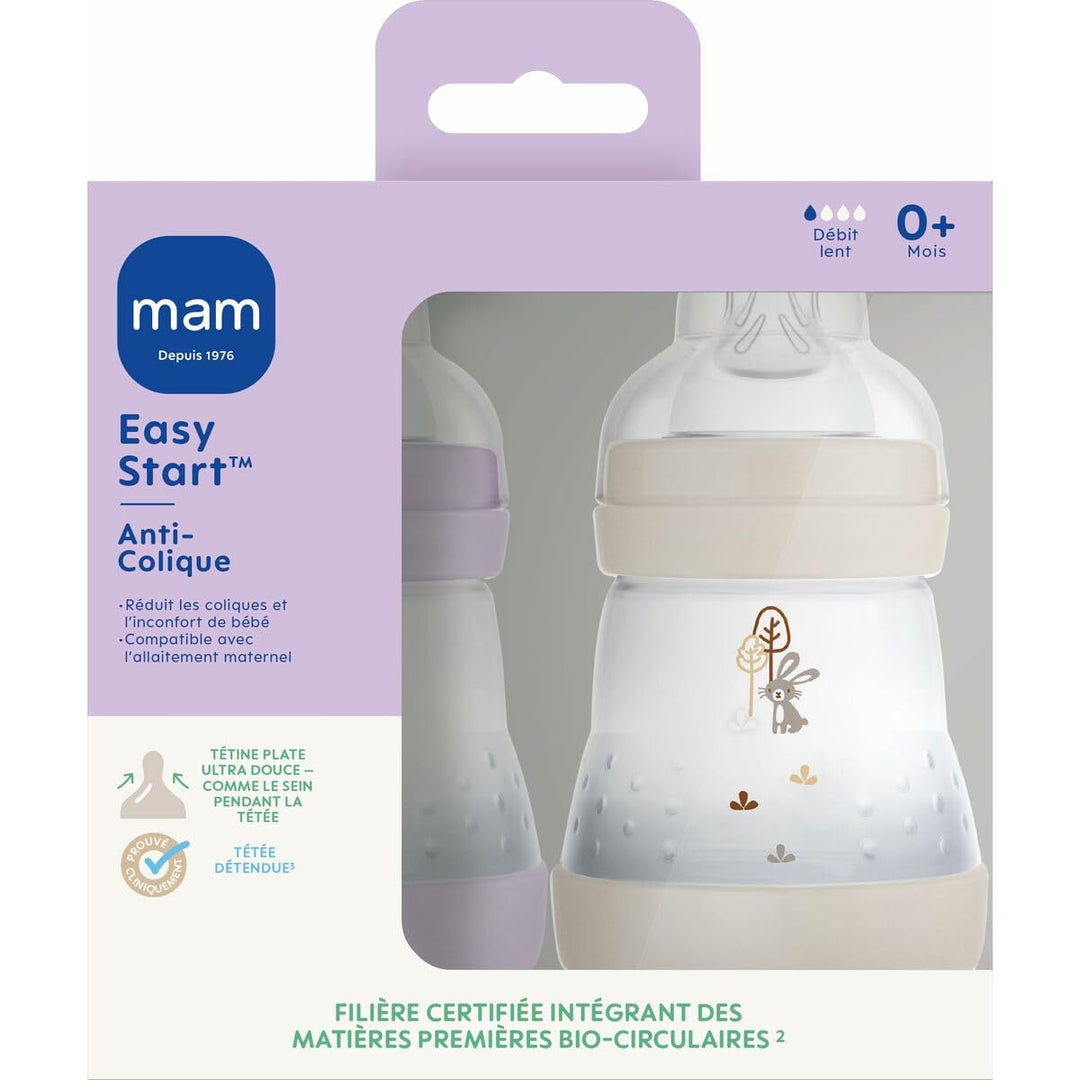 MAM Easy Start Anti-Colic Babyflasche, 0+ Monate, langsamer Fluss (2 x 160 ml), Flieder + Sand – Fla