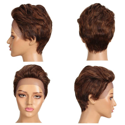 Echthaar Perücke mit Filmansatz kurz Pixie Damen Perücke Lace Front Wigs 22cm 79g Braun