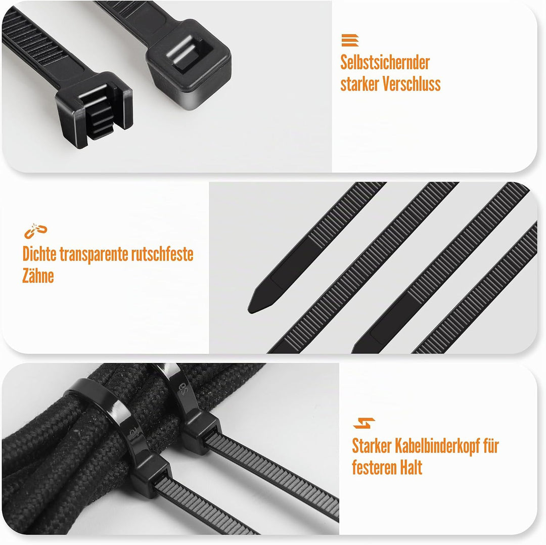 2000 Stück Kabelbinder Schwarz Set,100/150/200/300 mm(500 Stück) Kabelbinder UV Beständig,Cable Ties