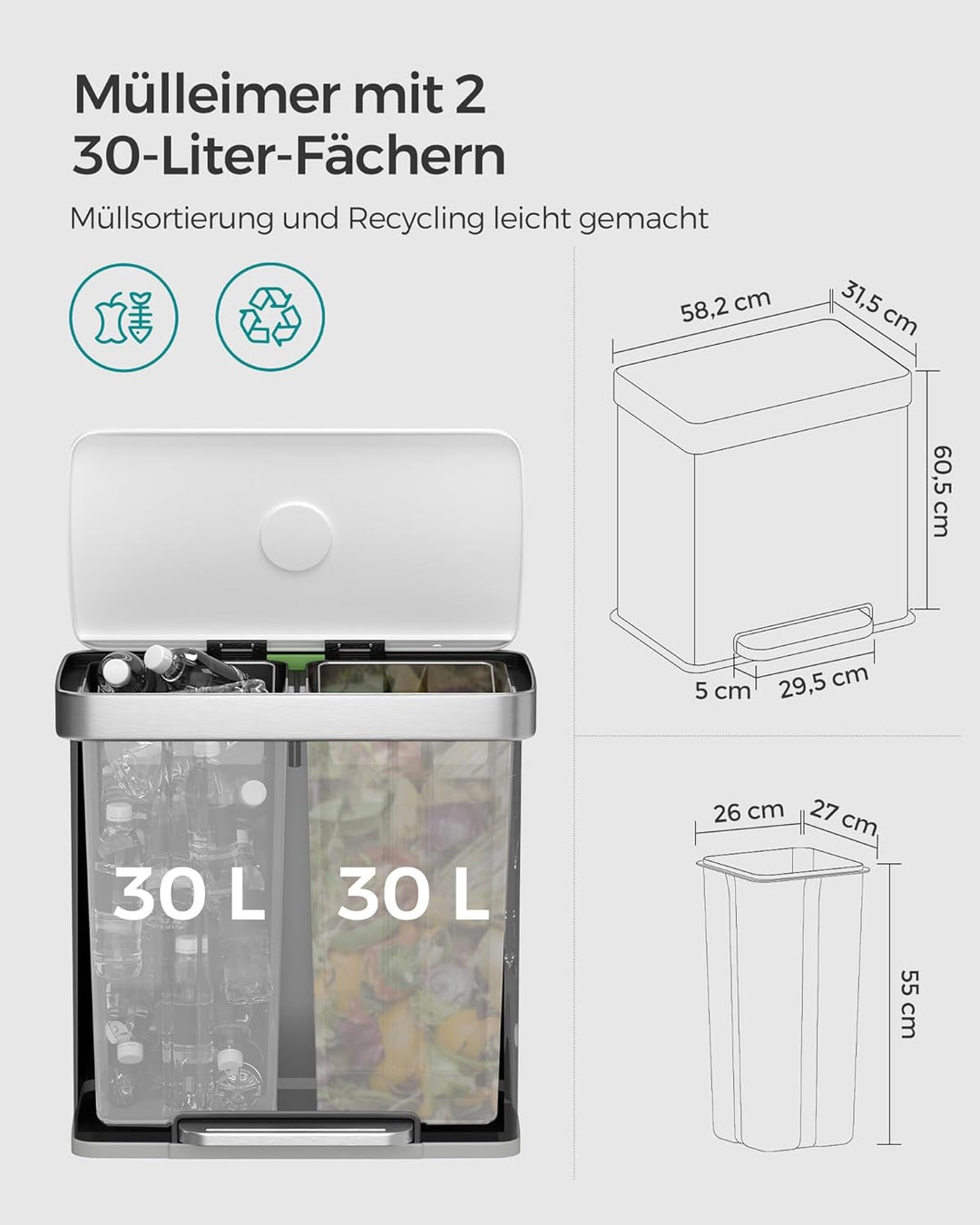 ‎SONGMICS Kücheneimer, 2 x 30L Edelstahl-Tret-Abfalleimer mit 15 Müllbeuteln, Recycling und Abfall,