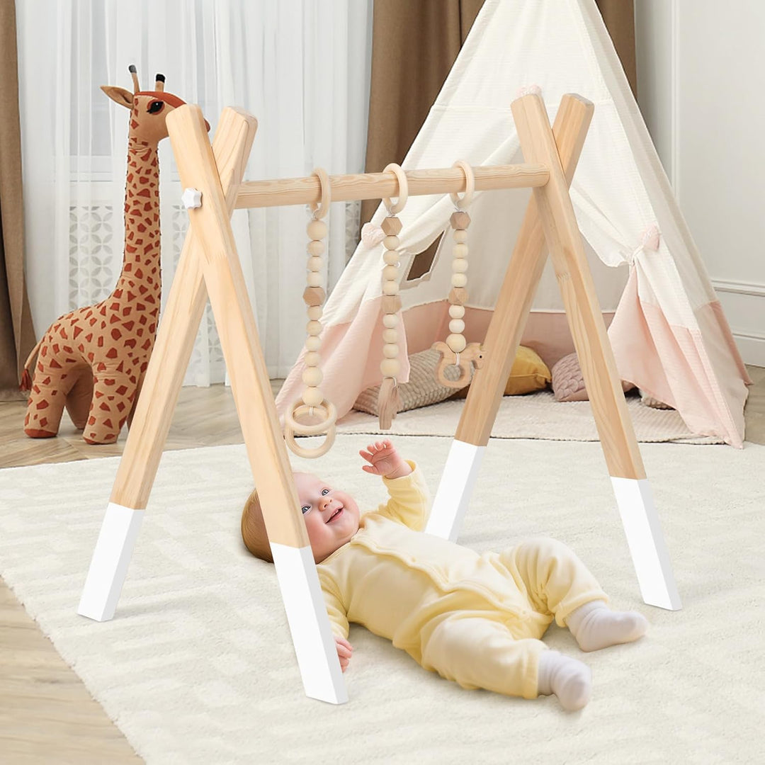 COSTWAY Baby Spielbogen Holz, Spieltrapez klappbar, Baby Gym mit 3 abnehmbaren Kinderspielzeugen, Sp