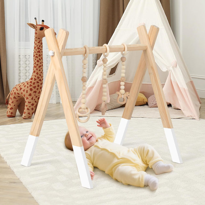 COSTWAY Baby Spielbogen Holz, Spieltrapez klappbar, Baby Gym mit 3 abnehmbaren Kinderspielzeugen, Sp