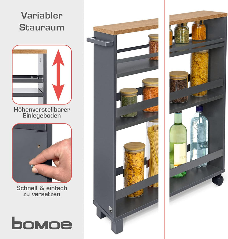 bomoe Nischenwagen 50x79x15 cm Hylla – Küchenwagen auf 2 Rollen & 2 Standfüssen – Rollwagen mit 3 Fä