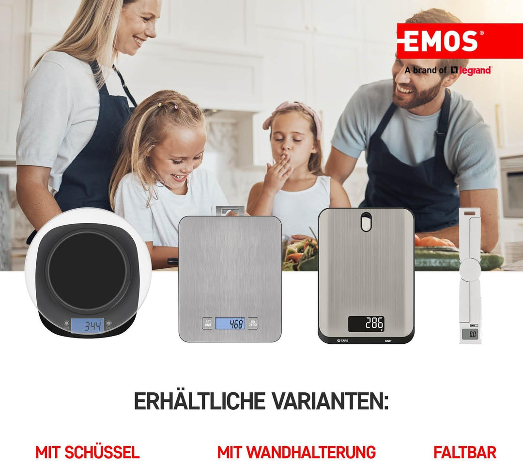 EMOS EV023 Küchenwaage aus Edelstahl mit Wandaufhängung/Digitalwaage mit beleuchtetem LCD Display/Ta