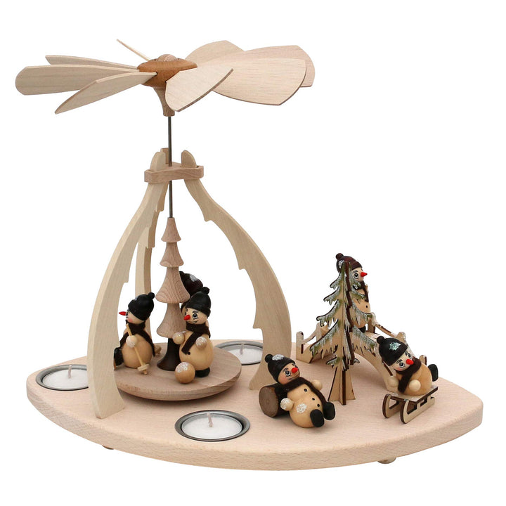 Holz Teelicht-Pyramide mit Szene, für 3 Teelichte, Motiv: Schneemänner, ca. 32 x 19,5 x 25 cm.., Sch