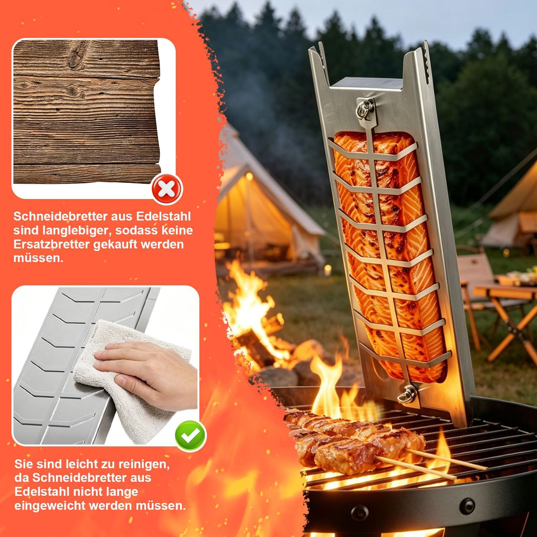 Flammlachsbrett aus Edelstahl,59,5 cm,für Grill &amp; Feuerschale | 180° drehbarer Fischhalter mit 5-fac