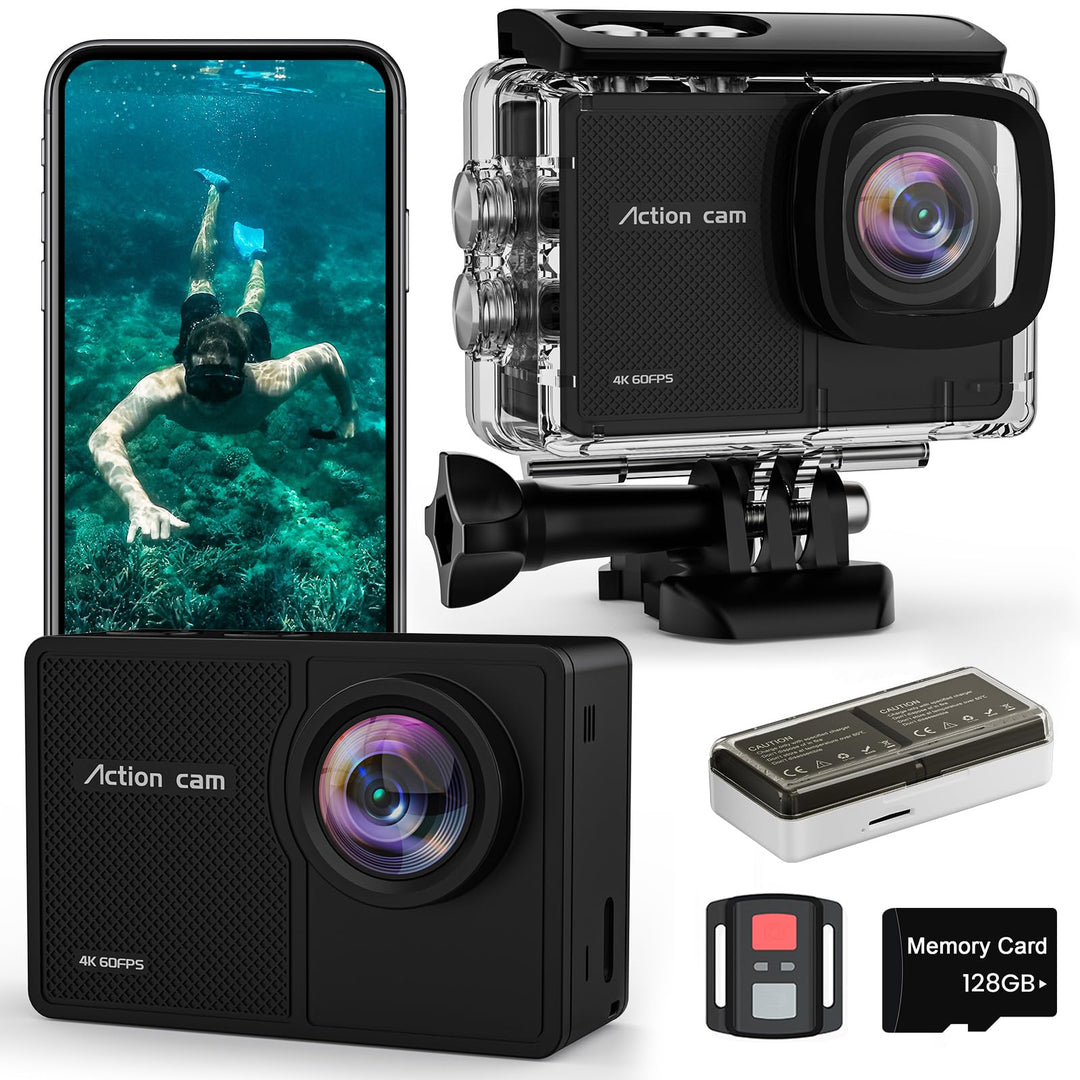 4K 60FPS Action Cam, Unterwasserkamera mit 128G SD Karte 48MP HD WiFi Kamera mit EIS 40M Wasserdicht