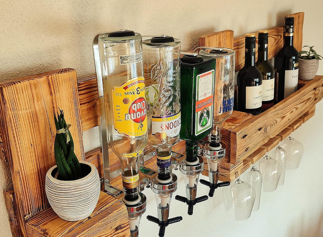 Wandbar mit Getränkespender Weinregal aus Palette Weinbar aus Holz 4 Dosierer Schnapsbar mit Flasche