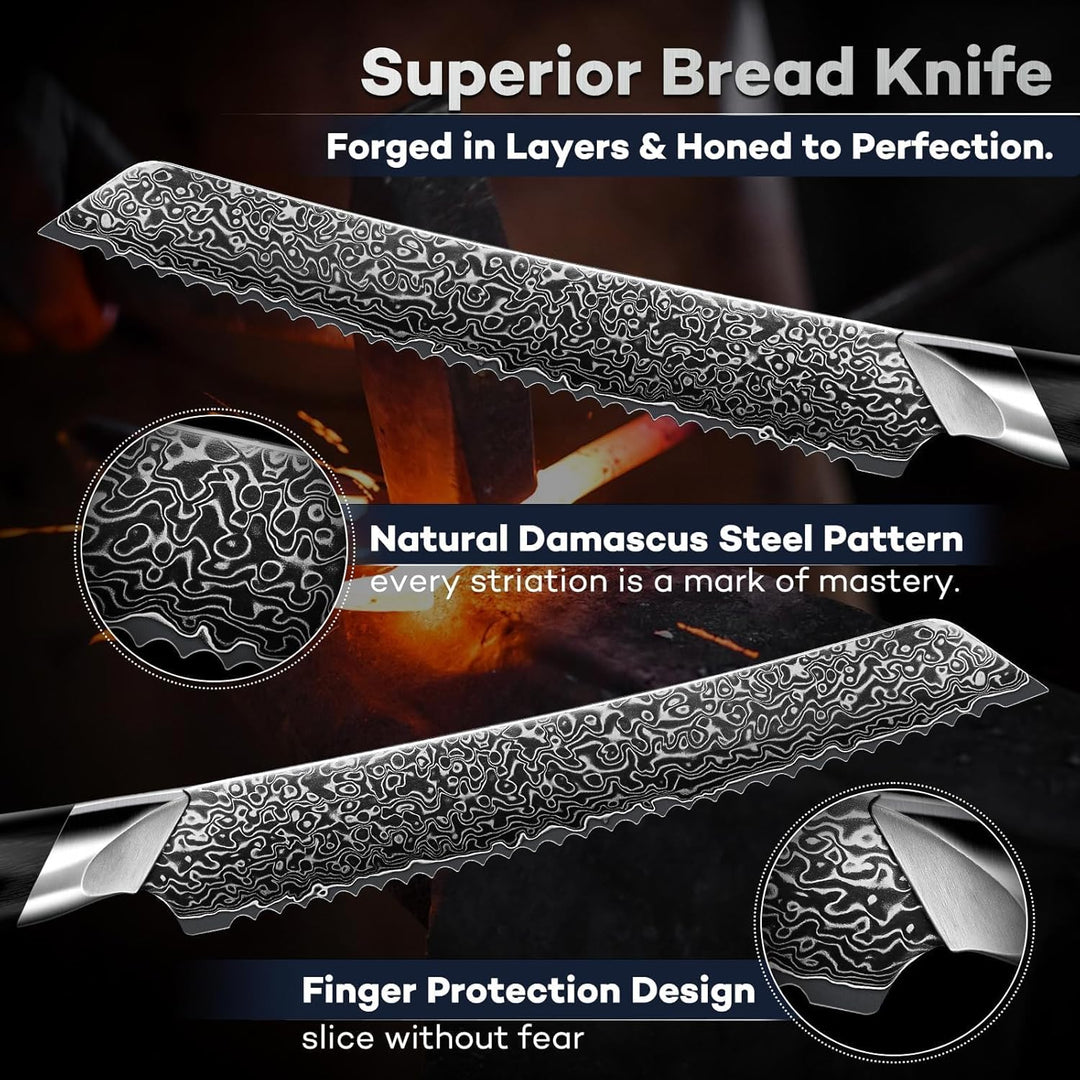 DRAGON RIOT Damast Brotmesser Wellenschliff - Profi Brotschneidemesser mit Holzgriff, Scharfes Sägem