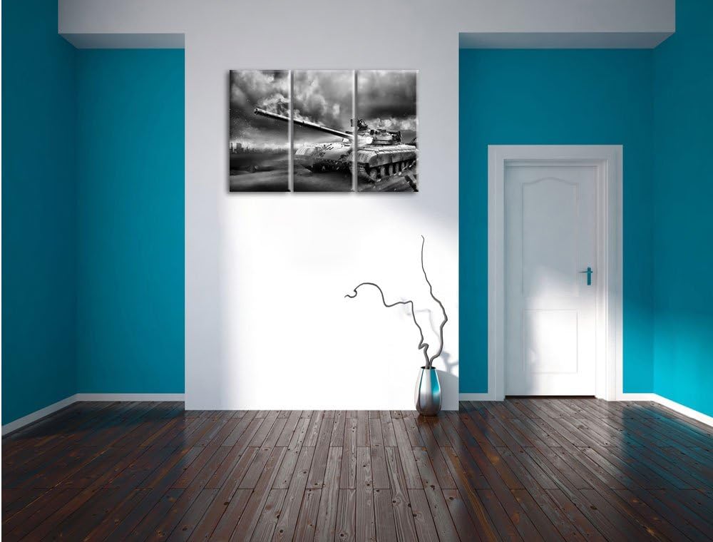 Pixxprint Panzer im Nebel 3Teiler 120x80 cm Leinwandbild Wandbild Kunstdruck