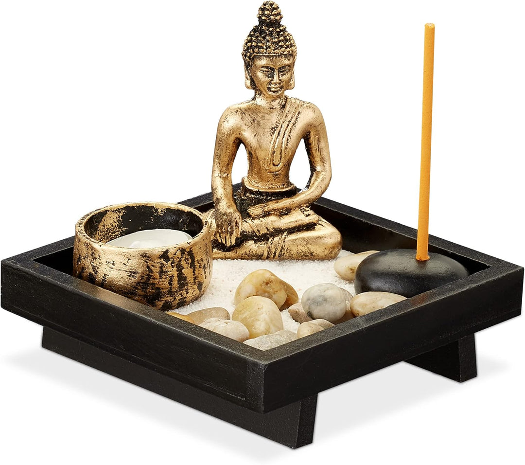 4 x Zen Garten, mit Buddha, Steinen, Sand, Räucherstäbchen & Teelichthalter, Entspannung, Feng Shui