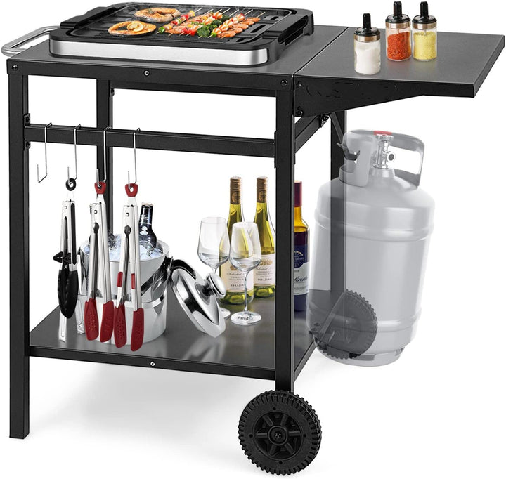 COSTWAY Grilltisch mit klappbarer Tischplatte, Beweglicher Campingtisch mit 2 Ablagen &amp; 4 Haken, Met