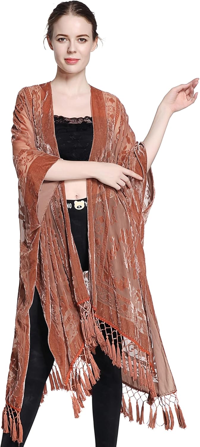 MJ SERECA Damen Burnout Samt Kimono Lange Strickjacke Cover Up Casual Outfit (Herbstblatt), Einheits