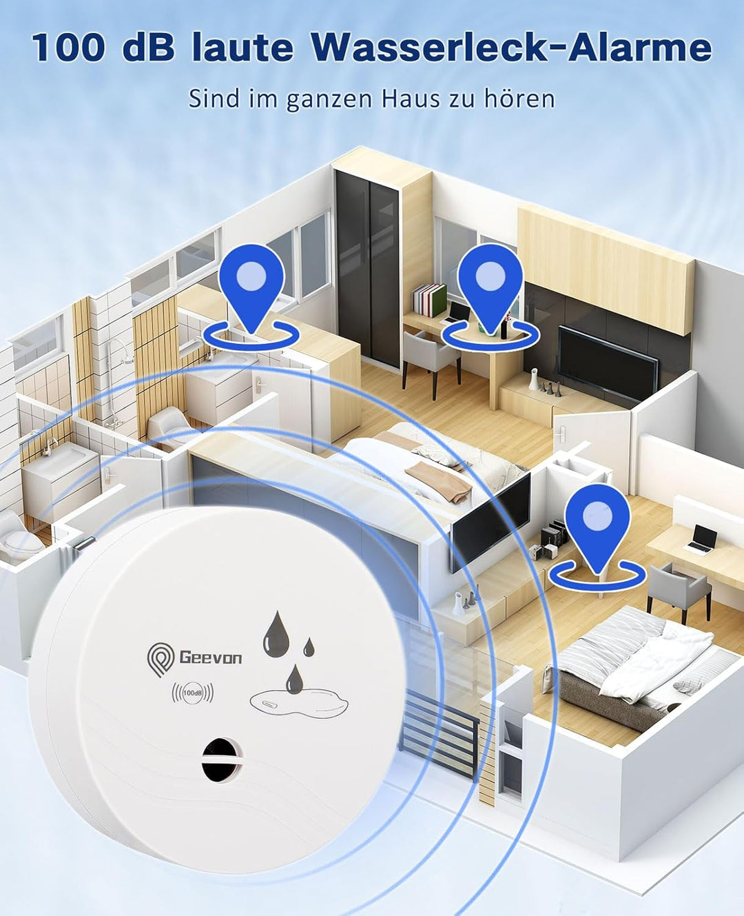 Geevon 6 Pack Wassermelder, 100dB Wassersensor Alarm Flut-Detektor für Keller, Badezimmer, Waschküch