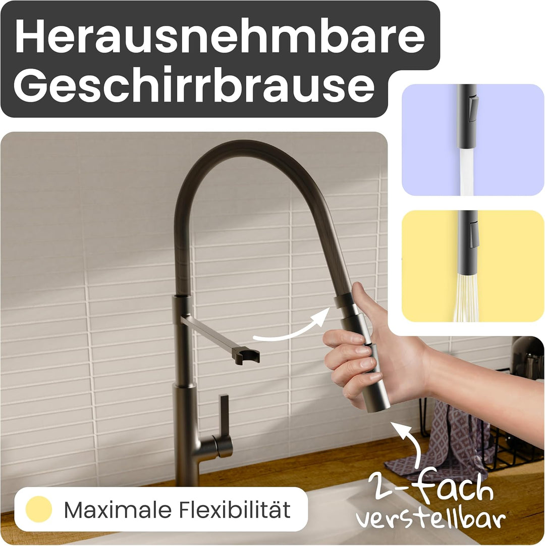 instmaier Nova | Küchenarmatur mit flexibler Geschirrbrause | Graphit matt | Wasserhahn Küche 360° s