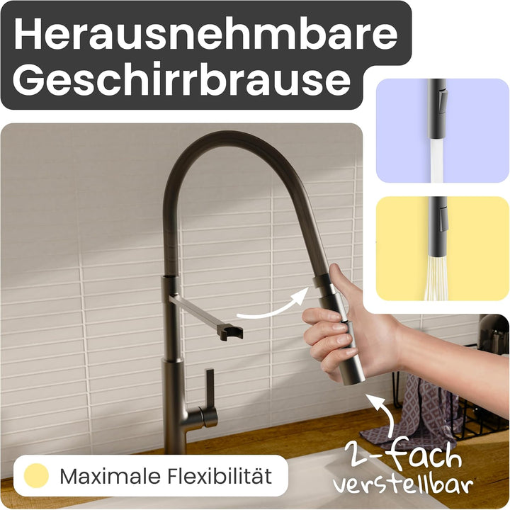 instmaier Nova | Küchenarmatur mit flexibler Geschirrbrause | Graphit matt | Wasserhahn Küche 360° s