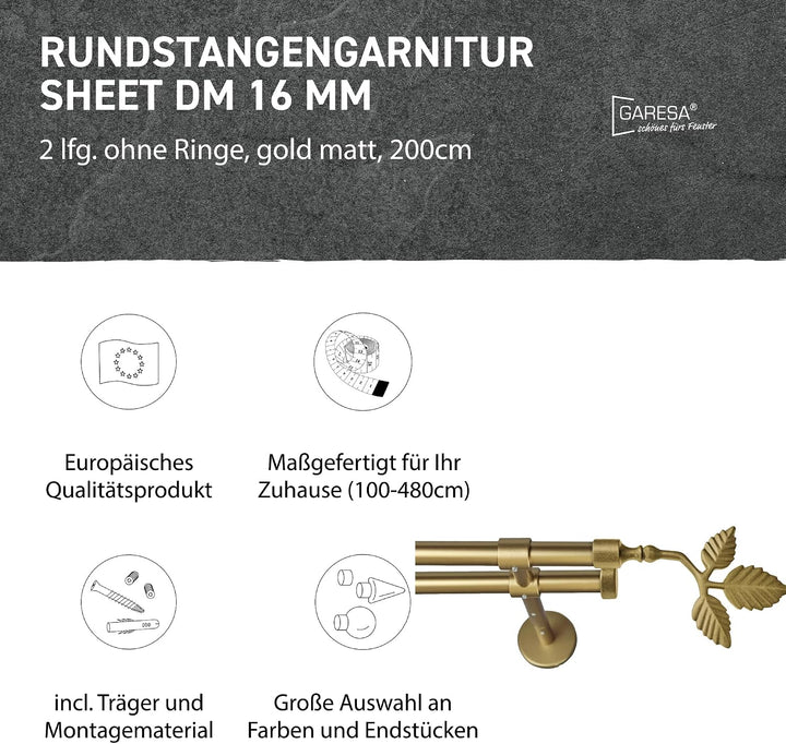 Garesa Gardinenstange Sheet Ø 16mm, 2-läufig, Gold, matt I Stabile Vorhangstange ohne Ringe I Mit En
