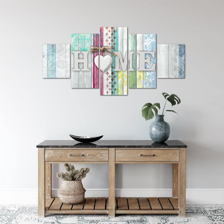 Runa Art Wandbilder Home Holzoptik 5 Teilig Bild auf Vlies Leinwand Deko Wohnzimmer Vintage Herz Bun