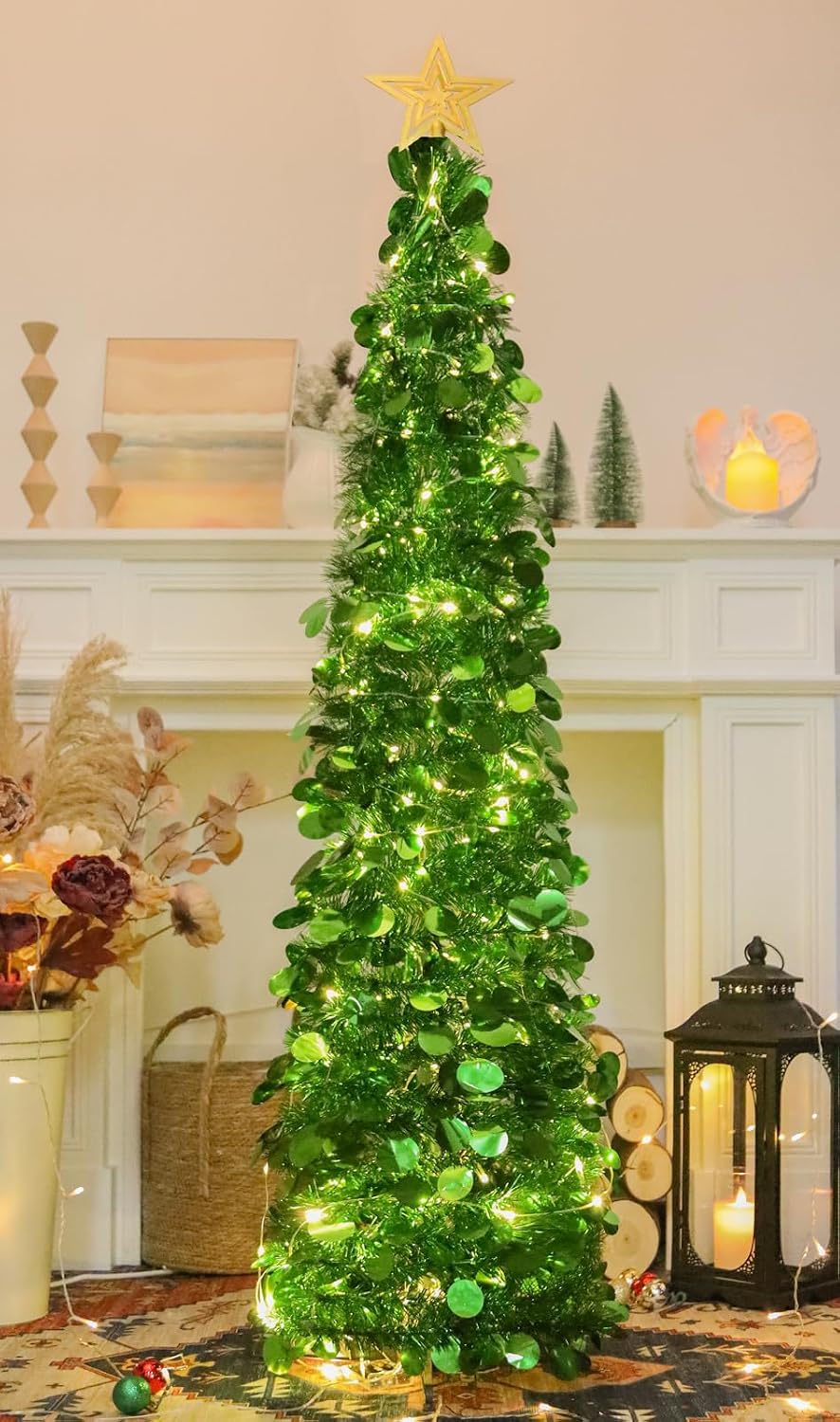 HMASYO 150 cm Pop-Up Lametta Weihnachtsbaum mit 50 Timer-Lichtern, Grün Zusammenklappbarer Künstlich