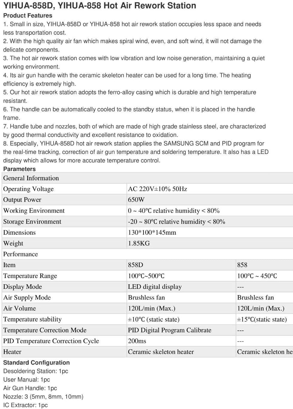 Yihua 858D Heissluftstation SMD Rework Station 650W 100° C... 450 ° C 120L/Min