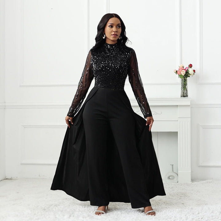 VERWIN Damen-Overall, Patchwork-Overlay, Pailletten, verziert, hohe Taille, Langarm L Schwarz, L Sch