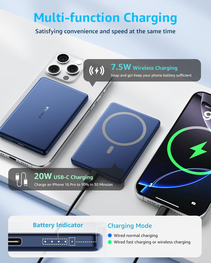 decqle “Air” Magnetische Powerbank für MagSafe, 5000mAh Ultra Slim Wireless Externe Akkupack mit USB