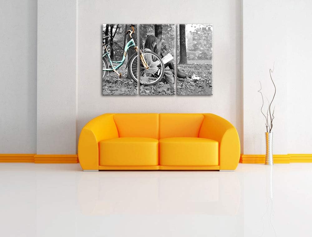 Pixxprint Junges Mädchen mit Fahrrad als Leinwandbild | Grösse: 3 Teilig (120x80) | Wandbild| Kunstd