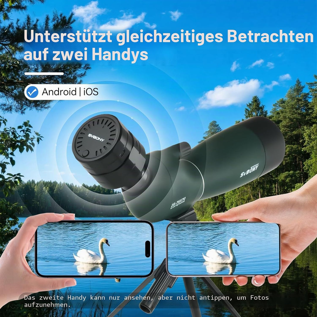 Svbony SV28 25-75x70 Spektiv mit SC002 WiFi Spektiv Kamera, Stativ, HD BAK4 Prisma FMC Handy Adapter