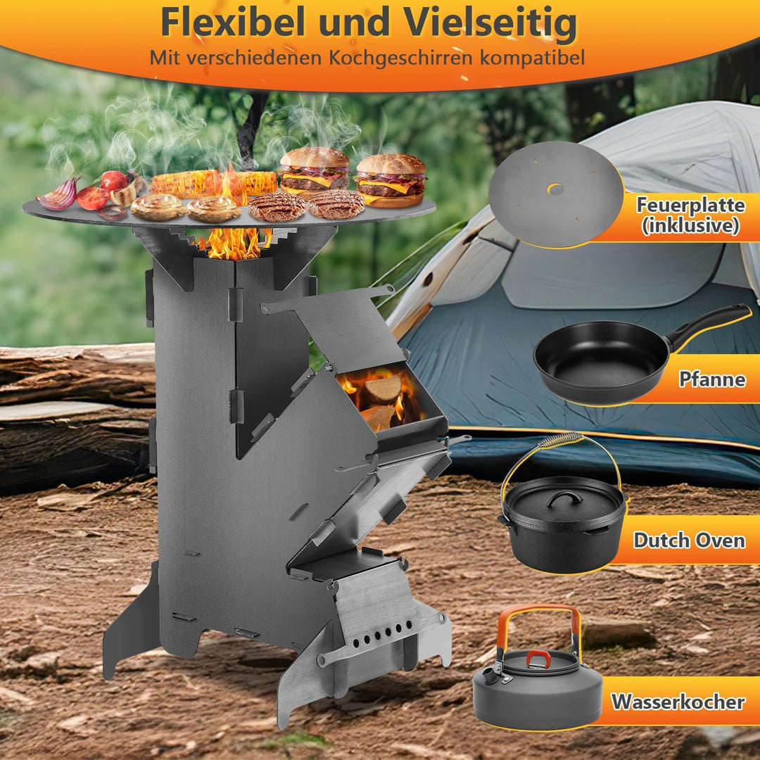 Eulenke Raketenofen mit Grillplatte und Feuerhaken, Rocket Stove Stecksystem aus 3 mm dickem Stahl,