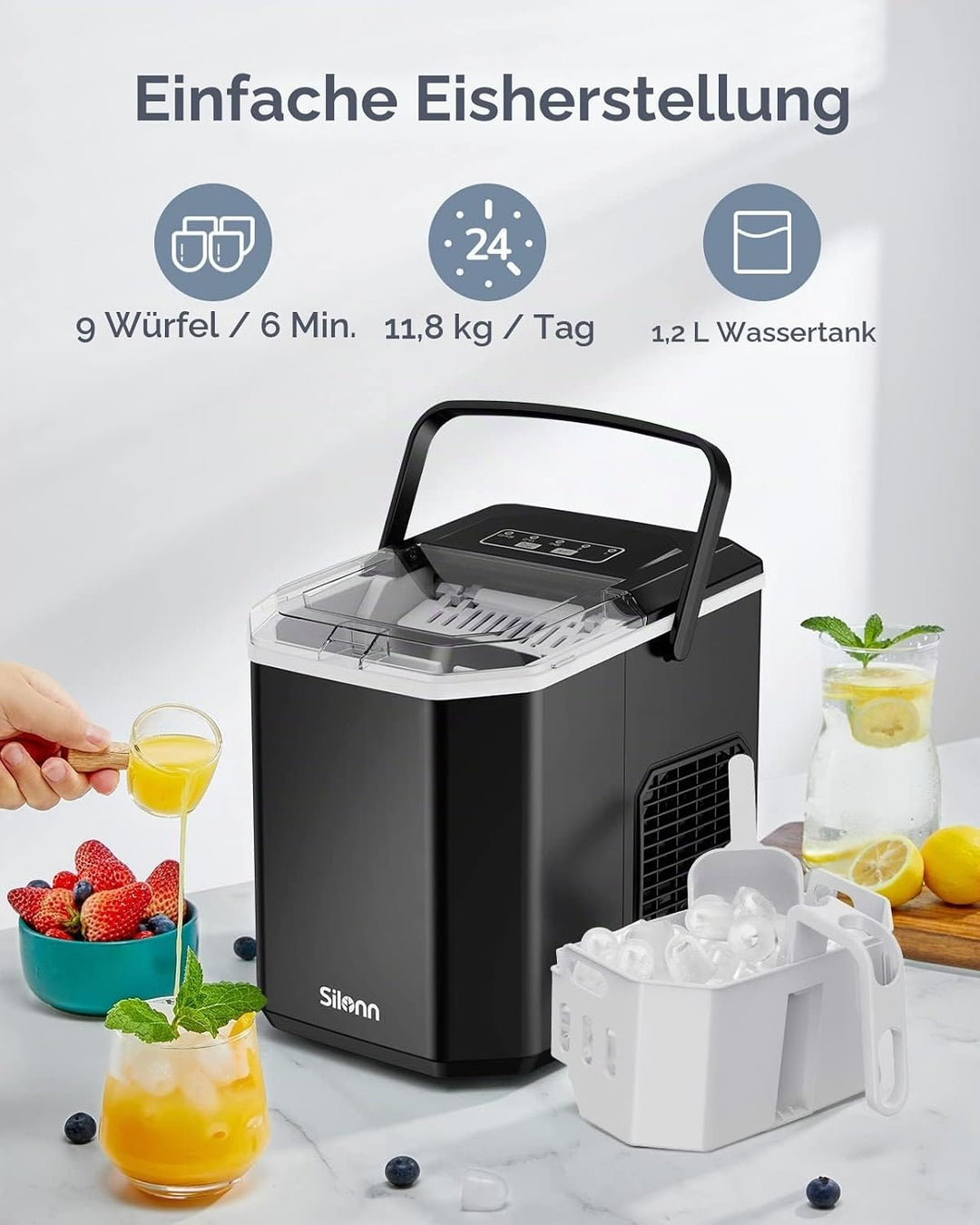 Silonn Eiswürfelmaschine mit Griff-Eiswürfelkorb – Tragbar &amp; Selbstreinigend, Mini Ice Maker 9 Eiswü