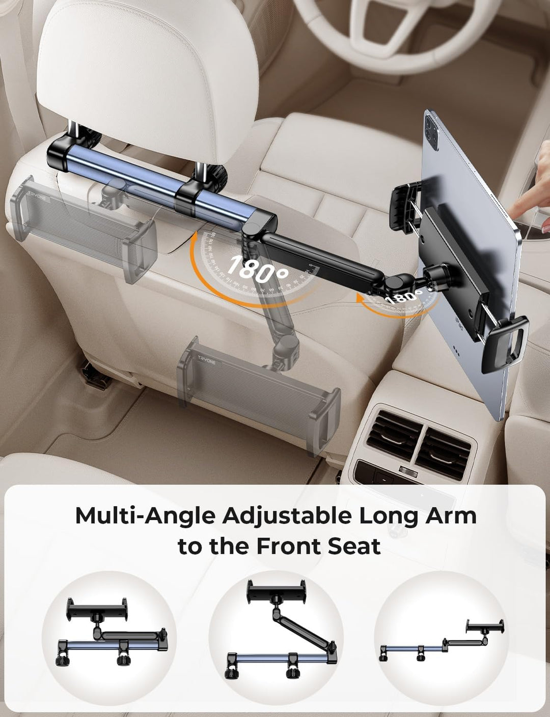 TRYONE Tablet Halterung Auto Kopfstütze - [46cm Langarm] [3 in 1 Ausziehbare] KFZ Tablethalterungen