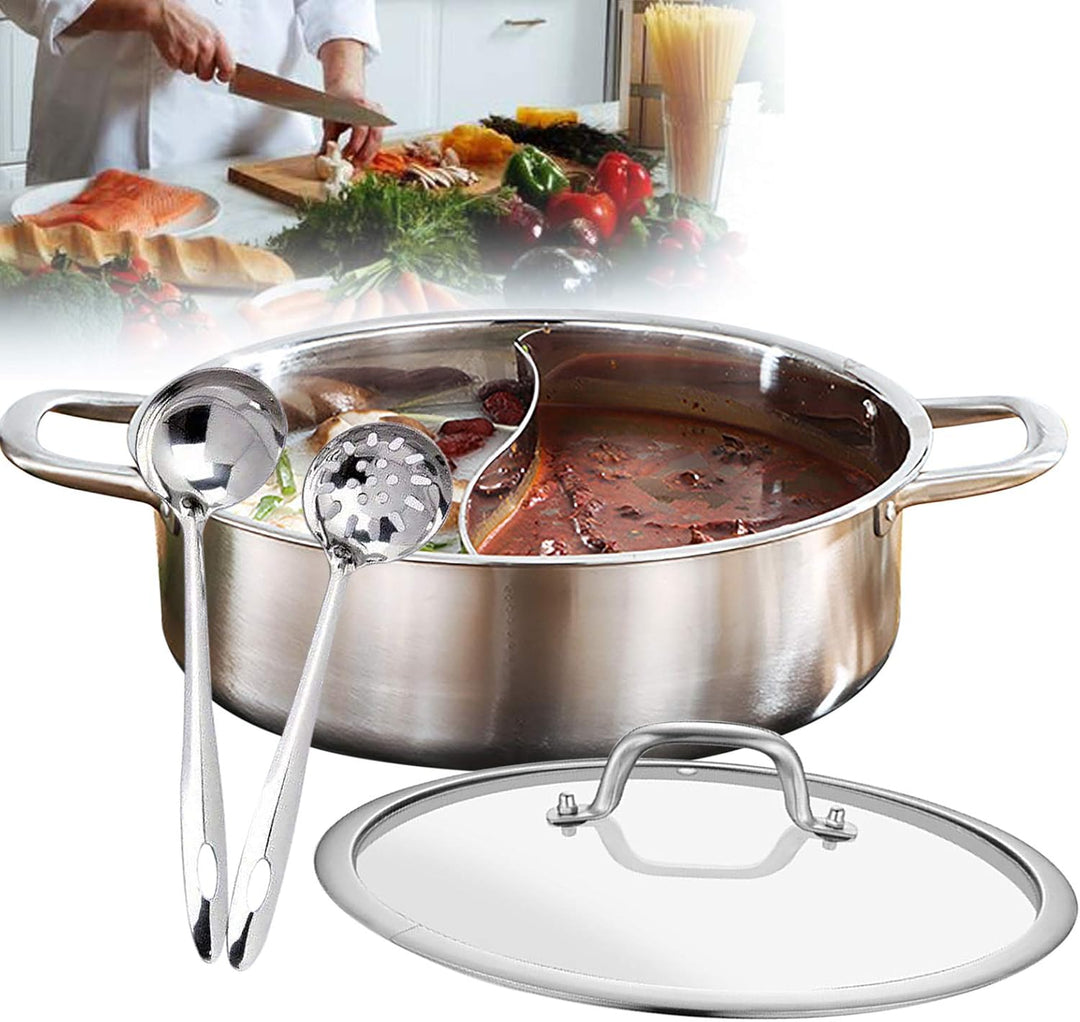 28/32cm Hot Pot Edelstahl Topf mit Glas Deckel Kochwerkzeug Shabu Shabu 2 Kammer 28cm, 28cm