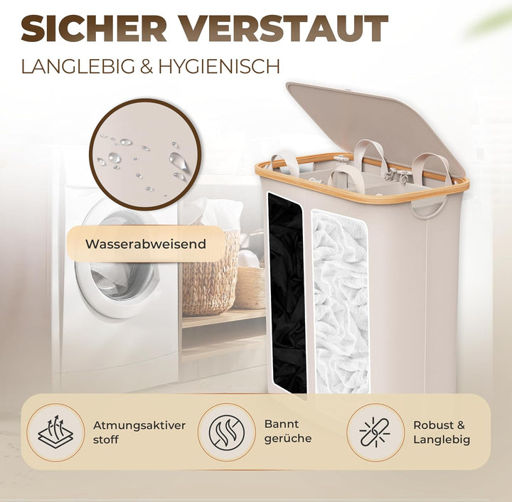 Wäschekorb 2 Fächer mit 1 Deckel 150 Liter Bambus-Stoff Beige Gross XXL - Wäsche Sortiersystem Wäsch