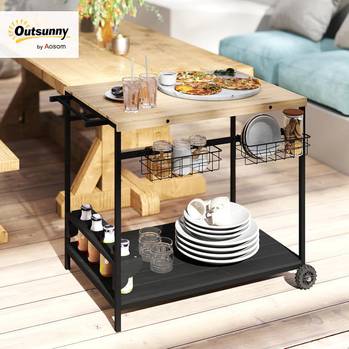 Outsunny Servierwagen, Gartenrollwagen mit 2 Ebenen, Barbecue Trolley mit Aufbewahrungskorb, Outdoor